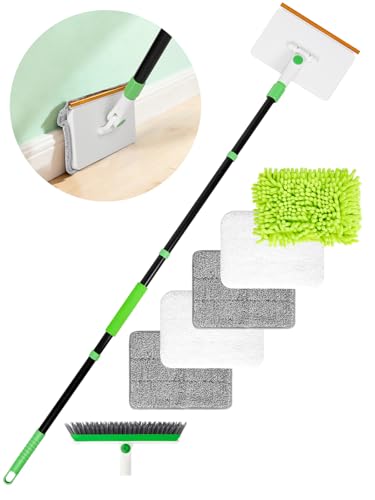 4-in-1 Baseboard Cleaning Tool with Handle 5 Reusable Pads 1 Stiff Bristle Brush Carpet Rake for Pet Hair Removal Baseboard Cleaner Carpet Windows Wall Floor Bathroom Kitchen