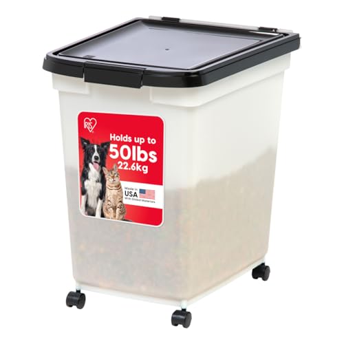IRIS USA Dog Food Storage Container 50 lbs, with Removable Rolling Wheels, for Dog Cat Bird and Other Pets, Food Storage Bin, Keep Fresh, Made in USA, Pearl/Black - color: Pearl/Black, size: 50 lbs