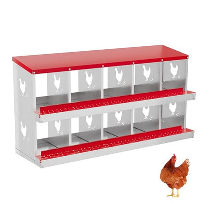Chicken Nesting Box,10 Compartments Galvanized Steel Metal Chicken Laying Box with Roll Out Egg Collection,Wall Mount Chicken Nesting Boxes,Easy Egg Collection, Hen Roosting Boxes - color: Red, size: 10 Holes