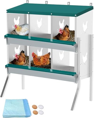 6-Compartment Chicken Nesting Box, Heavy Duty Galvanized Steel Poultry Nest Box, Wall Mount/Freestanding Design for Hens, Ducks, Backyard Homesteads & Farm Use, Green, 10 Mats &4 Eggs, with Stand - color: Green, size: 6 Room&Mat eggs