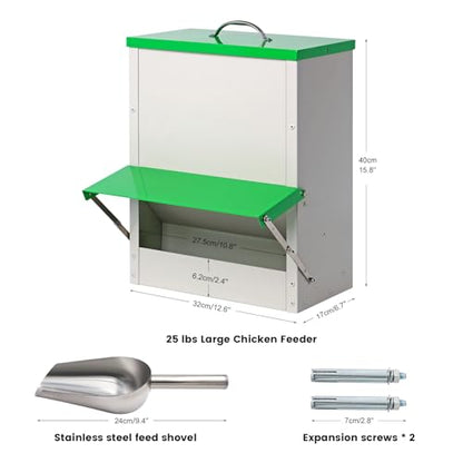 25lb Automatic Chicken Feeders Metal Poultry Feeder no Waste Large Chicken Coop Feeders with Lid Hanging Chicken Feeder Trough for Quail Chickens Ducks Feeder Outside Waterproof Chicken Feeder