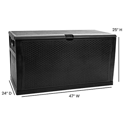 Merrick Lane Outdoor Storage Container - 120 Gallon Capacity - Black Weather Resistant Plastic - UV Treated to Prevent Fading - Chest Design with Hinged Lid