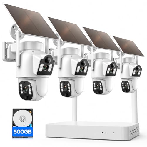 CAMCAMP Solar Security Cameras Wireless Outdoor, 4 Cameras Dual-Lens PTZ with 10CH NVR & 500GB HDD, 2K Color Night Vision, Spotlight, Dual PIR Detection, 2-Way Talk, IP66 Cameras for Home Security - color: 4