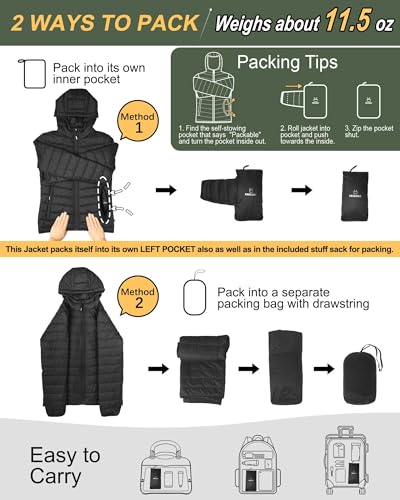 Outdoor Ventures Women's Packable Lightweight Full-Zip Puffer Jacket with Hood Quilted Winter Coat - color: Black New(fold in Pocket), size: X-Small