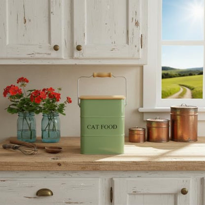 Morezi Cat food storage container storage bin with wooden lid scoop included green metal cat food container in kitchen countertop - color: Cat Food Wood Lid Green