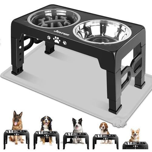 Jovrun Elevated Dog Bowls for Medium Large Dogs with Mat, Non-Slip Dog Feeder with 1*Stainless Steel Dishes & 1*Slow Feeder Bowl, 5 Heights Adjustable Raised Bowls for 3.15″-8.66″-9.84″-11.02″-12.2″ - color: Black, size: for Medium Large Dogs 1 Basic&1Slo