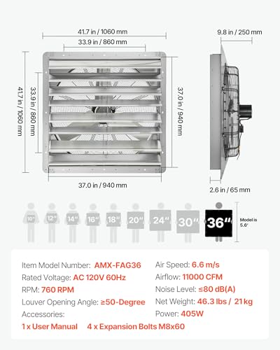 VEVOR 36'' Exhaust Fan, Wall Mounted Attic Fan with Variable Speed, 11000 CFM, Automatic Shutter, Ventilation and Cooling, Silver, Fan Only - size: 36 Inch