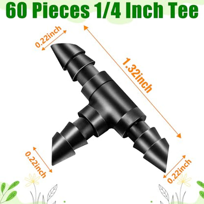 60 Pack Drip Irrigation 1/4" Barbed Tee Fittings, Drip Line Barbed T Connectors for 1/4 Inch Irrigation Tubing Micro Irrigation Connection Parts for Garden Sprinkler Systems - size: 1/4 Inch Tee-60P
