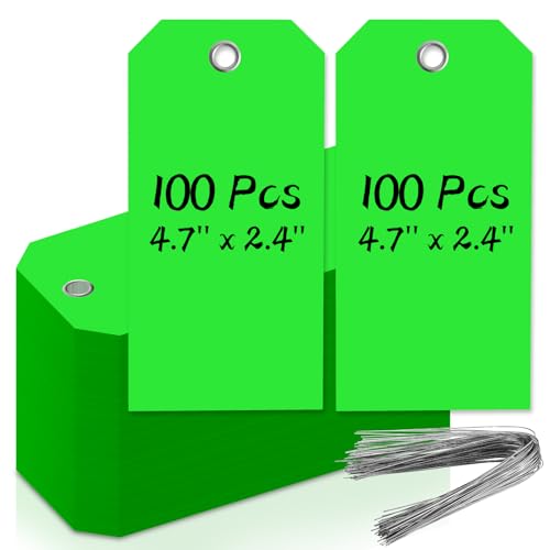 100 PCS 4 3/4" x 2 3/8" Neon Color Shipping Tags with Wire Blank Heavy Duty Hang Tags with Reinforcement Holes Writable Luggage Tag with String Marking Tags (Neon Green, 4 3/4" x 2 3/8") - color: Neon Green