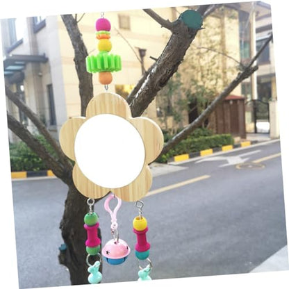 Wooden Hanging Mirror Toy for Chickens Bells Interactive Pet Mirror for Cage Play Reduces Loneliness for Hens and