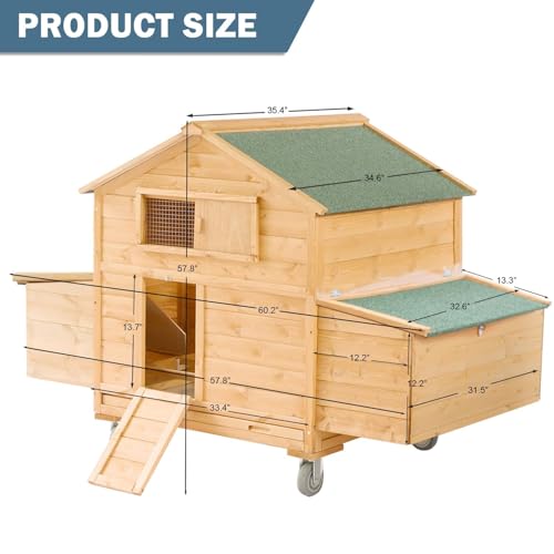 Chicken Coop on Wheels, Large Mobile Wooden Hen House for 4-6 Chickens, Outdoor Poultry Cage with Nesting Box, Chicken House for Outside Farm Backyard - size: 4-6 Chickens