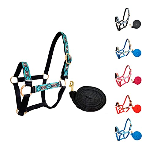 Tahoe Tack Patterned Nylon Mini Horse Halters with Padded Noseband and Matching 7’ Soft Grip Lead Rope - 6 Month Warranty - color: Blue Aztec, size: Mini Horse A (Under 34")