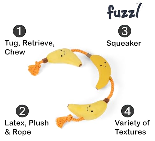 Fuzzl Tugga Bananas Dog Toy 75cm - Rope Latex and Plush Dog and Puppy Throw Fetch and Tug with Squeaker - style: Rope Bananas