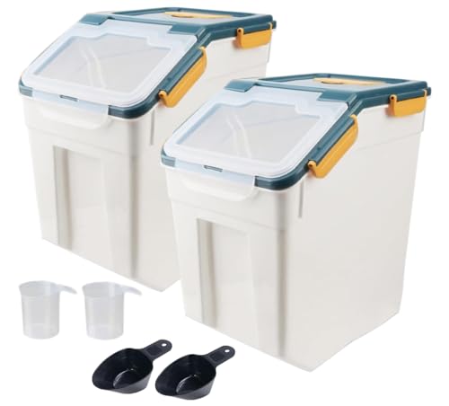 AnRui Rice Storage Container 50LB, Airtight Flour Storage Containers, Plastic Cereal Grain Dispenser Organizer Pet Food Storage Bin with Lid, Measuring Cup, Scoop, Blue, 2Pcs,Total Capacity:100LB - color: 2Pcs,Blue,45LB