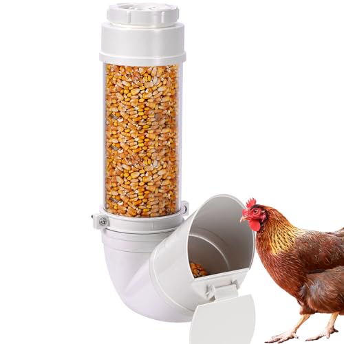 Automatic Chicken Feeder No Waste 6 Pounds Duty PVC Gravity Poultry Chicken Coop Feeder, Wall Mounted Visible Gravity Fed Poultry Feeder Tube with Rain Cover for Ducks Turkeys Geese Quails