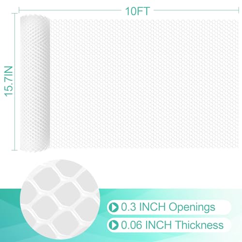 Plastic Mesh Fence Sheet 15.7IN x 10FT - 0.3IN Opening Plastic Chicken Wire Netting Roll Durable for Dogs, Poultry, Puppy, Garden Snake Barrier with 50 Pcs Zip Ties - White - color: White, size: 15.7IN x 10FT + 50Ties