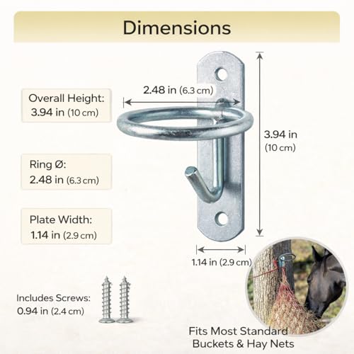 Horse Stall Bucket Hooks, Heavy Duty Metal Ring Bucket Hangers with J-Hook, Wall Mounted Water Feed Bucket Holder for Barn, Stable & Fence, Includes Screws, 4-Pack