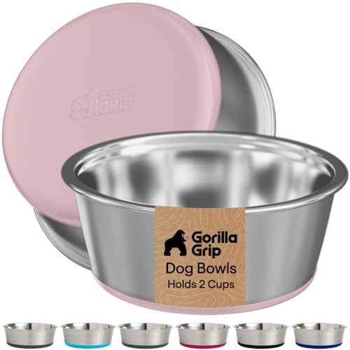 GORILLA GRIP Dog Bowls, Food Grade 304 Stainless Steel, Holds 2 Cups Each (16 fl oz) Food and Water Bowl for Feeding Dogs and Cats, Dishwasher Safe, Rust Resistant, BPA Free Rubber Base Set of 2 Pink - color: Light Pink, size: 2 Cup (16 Oz)