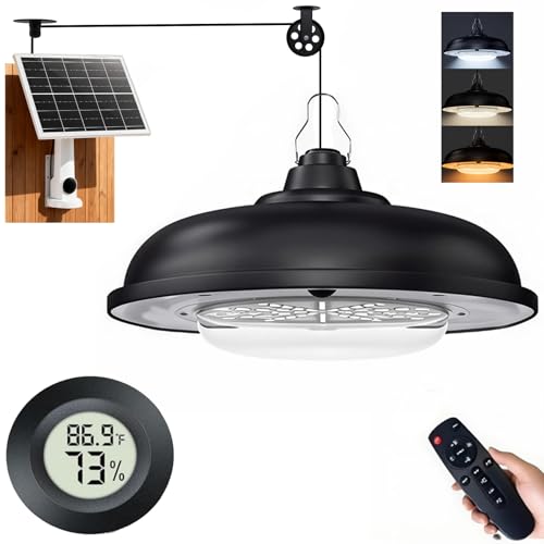 Vintage Solar Hanging Light with Adjustable Pulley & (°F) Digital Thermometer, 3-Color Dimming Industrial Shed Light, Waterproof Solar Powered Lamp for Barn, Chicken Coop, Gazebo - size: With pulley