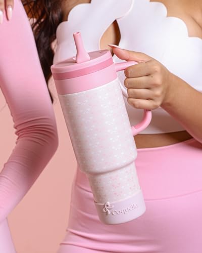 40 oz Insulated Tumbler with Handle and Push-Button Straw Lid, Stainless Steel Travel Cup for Gym Office, Leakproof, BPA-Free, Cup Holder Friendly, Bow Silicone Boot, Pink (Coquette Blush) - color: Coquette Blush
