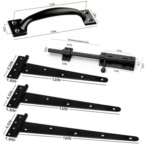 Heavy Duty Gate Hardware Kit for Wood Fence Black Fence Gate Hardware with 2 T-Strap Gate Hinges Sliding Gate Latch 2 Gate Handles Outdoor Gate Hinges and Latch Set for Yard Shed Barn 12 inch - size: 12inch