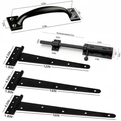 Heavy Duty Gate Hardware Kit for Wood Fence Black Fence Gate Hardware with 2 T-Strap Gate Hinges Sliding Gate Latch 2 Gate Handles Outdoor Gate Hinges and Latch Set for Yard Shed Barn 12 inch - size: 12inch