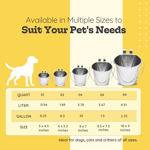 6 quart Stainless Steel Flat Sided Bucket with Dual Hooks | 1.5 gal Durable Food & Water Bowl for XL Dog Goat Sheep & Livestock | Fits kennel Cage Critter Crate | Hanging Utility Pet Pail - size: 6 Quart
