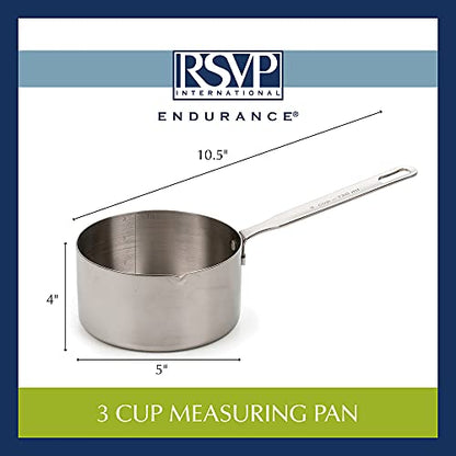 RSVP International Endurance Stainless Steel Measuring Pan Scoop, 3 Cups | Dry or Liquid | Baking or Cooking | Ideal for Melting Butter, Chocolate, Heating Soup | Dishwasher Safe - size: 3 Cups