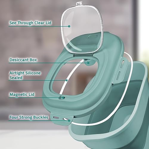 Komzon Rice Storage Bin Cereal Containers, 13-50lb Collapsible Rice Container Dispenser with Transparent Lid, Rolling Wheels, Measuring Cup and Scoop, Airtight Dog Cat Pet Food Storage Container Green - color: Green