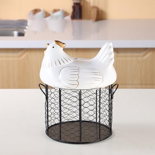NFNSIG Chicken Egg Basket, Chicken Egg Holder, Black Wire Chicken Egg Collection Baskets with Ceramic Lid and Handle for Gathering Fresh Eggs, Farmhouse Style Egg Storage Container for Kitchen(White) - color: White