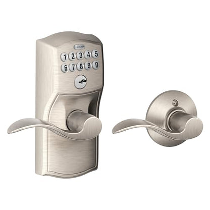 Schlage Camelot Keypad Lock with Lever Handle, Electronic Keyless Door Entry, Auto‑Lock Enabled, Satin Nickel, FE575 CAM 619 ACC - color: Satin Nickel, size: Accent Lever