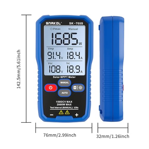 Solar MPPT Power Tester for Photovoltaic Modules, 2000 W, 150 V DC Max, 45 A, Automatic & Manual Power Measurement, Voc Isc Vmp Pmax, 3.2" LCD with Backlight, Portable PV Tester (SK-705S) - color: 2000W