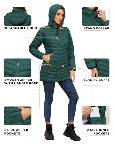 ROYAL MATRIX Women's Packable Puffer Jacket - Lightweight Winter Warm Long Quilted Puffer Coat with Detachable Hood - color: Deep Green, size: Small