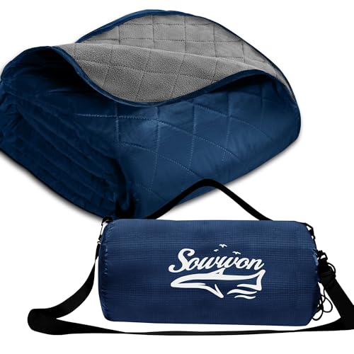 Waterproof Outdoor Blanket 92"x60" Large Quilted Fleece 300GSM Navy | Stadium Blankets for Camping, Packable, Windproof Emergency Throw for Grass Picnic Hiking Road Trip, Machine Washable - color: Fleece Navy-300 Gsm, size: 92"x 60"
