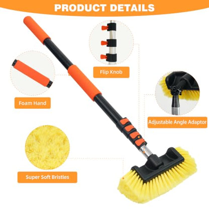 16FT Car Wash Brush with Long Handle Aluminium Telescoping Pole Angle Adapter with 2 Pcs 12" Soft and Hard Bristle Scratch-Free for Cleaning Car Truck RV House Floor Window Roof Solar Panels - size: 16 FT