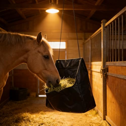 Horse Hay Bag - Large Capacity Tear Resistant Hanging Slow Feeder Pouch with Clear Visual Window - Portable Grass Storage Container for Equestrian Training Stable Yard and Farm