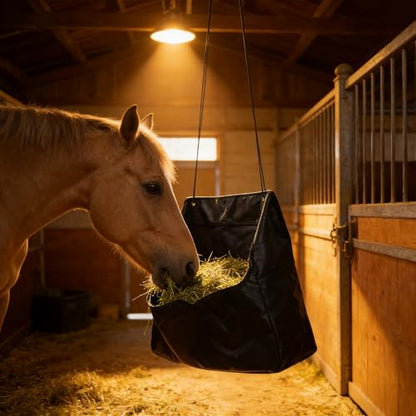 Horse Hay Bag - Large Capacity Tear Resistant Hanging Slow Feeder Pouch with Clear Visual Window - Portable Grass Storage Container for Equestrian Training Stable Yard and Farm