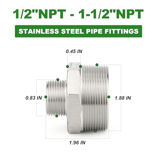 TAISHER 2PCS Cast 304 Stainless Steel Hex Nipple, Reducer Pipe Fitting 1-1/2" NPT Male x 1/2" NPT Male - size: 1-1/2" NPT x 1/2" NPT