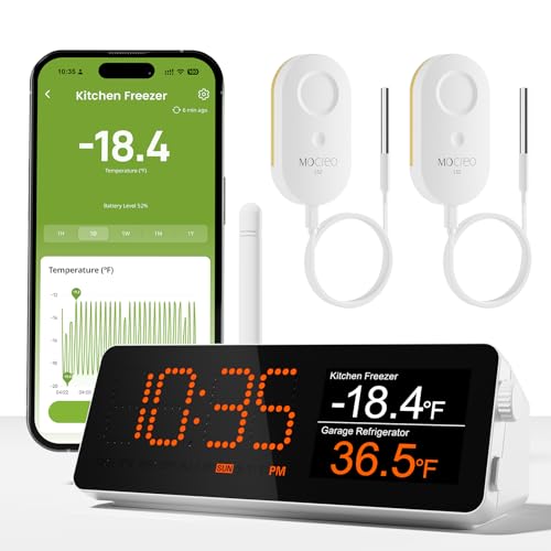 MOCREO WiFi Remote Thermometer Freezer Alarm, 1/3 Mile Long Range, with IP67 Waterproof Probe, App Email Alert, with Digital Monitor Hub, 2 Smart Temperature Sensors for Refrigerator, Hot Tub, RV - style: 1 Long Range LCD Hub + 2 Non-Waterproof Sensors