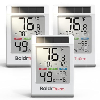 BALDR Indoor Thermometer Hygrometer, Solar Power with Battery Backup, Large Display, Daily Max/Min & Comfort Indicator Humidity Meter - color: Grey
