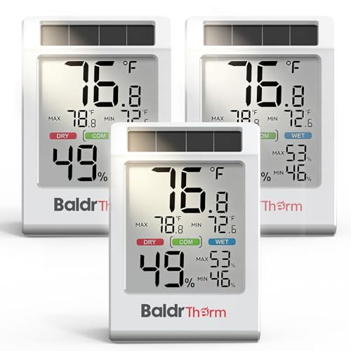 BALDR Indoor Thermometer Hygrometer, Solar Power with Battery Backup, Large Display, Daily Max/Min & Comfort Indicator Humidity Meter - color: Grey