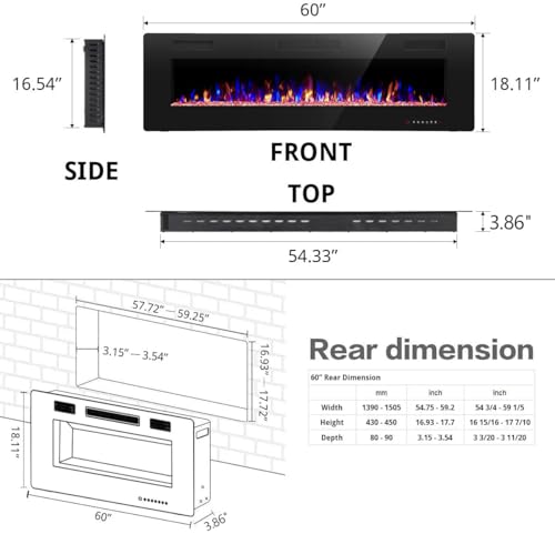 R.W.FLAME 60" Recessed and Wall Mounted Electric Fireplace, Low Noise, Fit for 2 x 6 Stud, Remote Control with Timer, Touch Screen, Adjustable Flame Color and Speed, 750-1500W - size: 60"