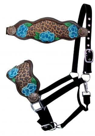 Showman Bronc Halter w/Blue Flower & Cheetah Design Leather Noseband