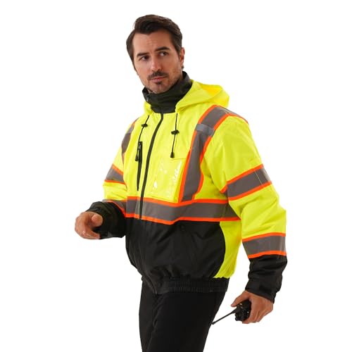Hi Vis Safety jacket for men,Reflective high Visibility Hooded jacket,Work Bomber Jacket with Pockets and Zipper,Waterproof,ANSI Class 3 Black Bottom Yellow,Medium - color: Yellow, size: Medium
