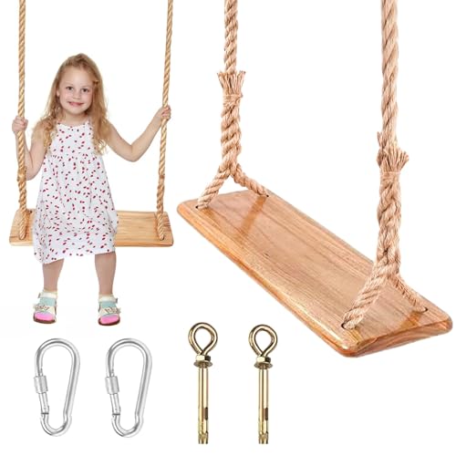 Hanging Wooden Swing, Seat 19.7"x 5.1"× 1.2", Tree Swings for Adults and Kids Outdoor, Adjustable Hemp Rope Plus Tree Straps 80 inch, Kids Indoor Swing with 500lb,Indoor Swing for Adults