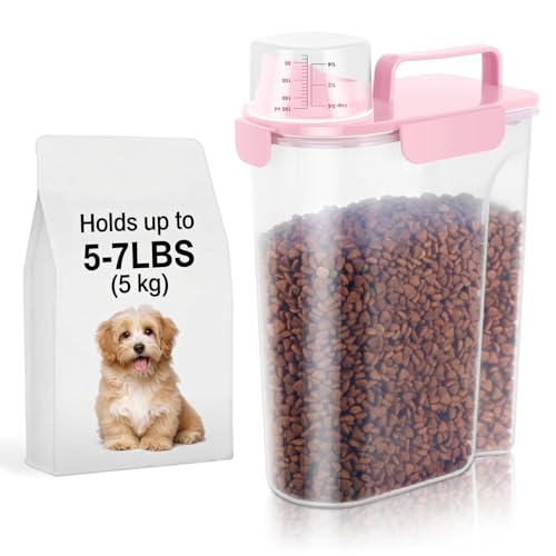 LEAWALK 5-7Lbs Dog Cat Food Storage Container with Upgraded Large Nozzle BPA-free, 4 Snap Seals Plastic Pet Food Storage Containers with Handles (Light Pink, 5L-1pack) - color: Light Pink, size: 5L-1pack