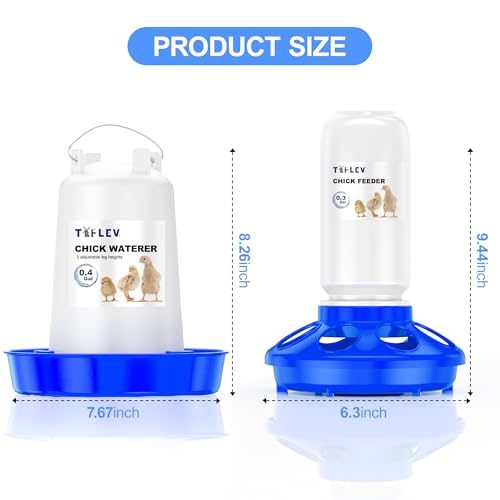 Baby Chick Feeder and Waterer Set with Adjustable Height, Anti-Drown Poultry Waterer for Raising Chicks in Brooder (0.3 Gal Chick Feeder & 0.4 Gal Chick Waterer, Blue)