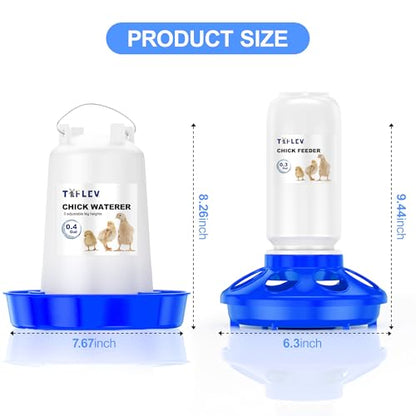 Baby Chick Feeder and Waterer Set with Adjustable Height, Anti-Drown Poultry Waterer for Raising Chicks in Brooder (0.3 Gal Chick Feeder & 0.4 Gal Chick Waterer, Blue)