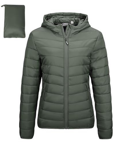 Outdoor Ventures Women's Packable Lightweight Full-Zip Puffer Jacket with Hood Quilted Winter Coat - color: Army Green(fold in Pocket), size: Small