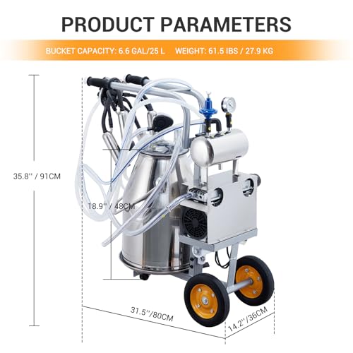 Cow Milking Machine Portable, Cow Milker Machine 25L/6.6 Gallon Stainless Steel Bucket Automatic Cow Milker with Vacuum Pulsation, 550W 2 in 1 Milking Machine for Cows and Goats on Mobile Cart